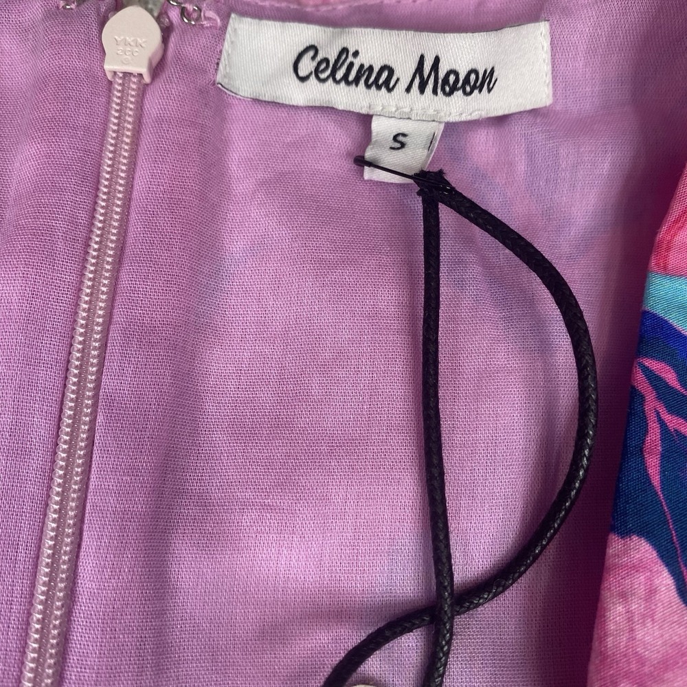 Celina Moon Women Sz S Meaghan Midi Dress Pink Short Ruffle Sleeve Cotton Poplin - Picture 14 of 16